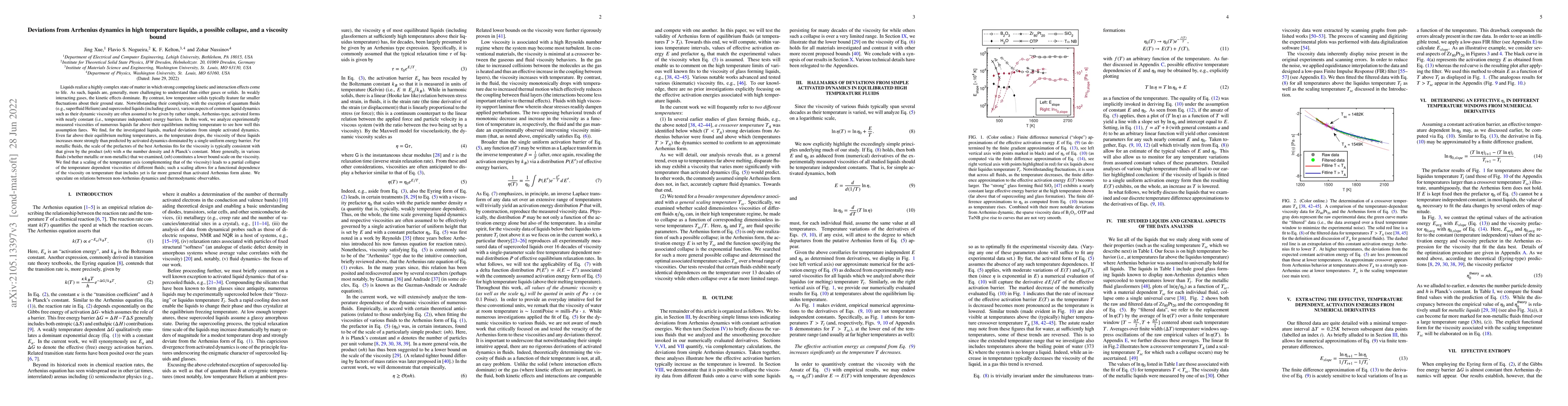 Thumbnail for Deviations from Arrhenius dynamics in high temperature liquids, a
  possible collapse, and a viscosity bound