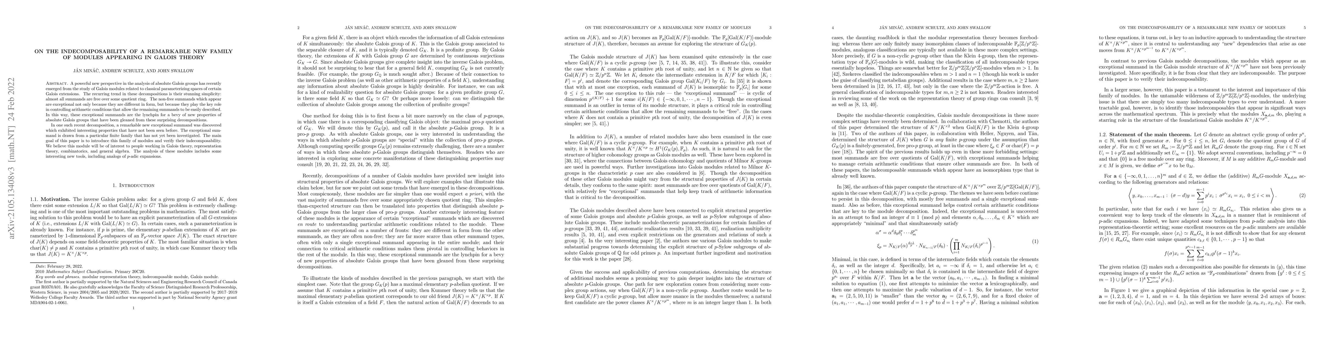 Thumbnail for On the indecomposability of a remarkable new family of modules appearing
  in Galois theory