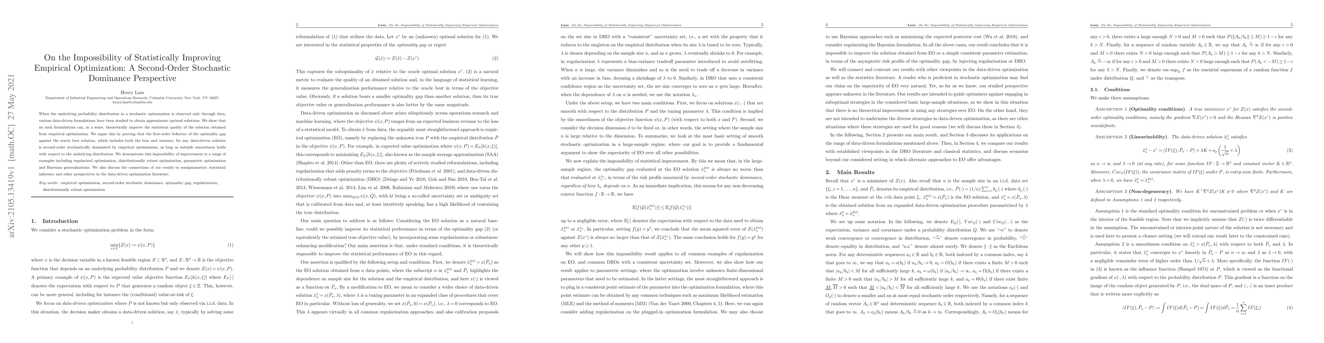 Thumbnail for On the Impossibility of Statistically Improving Empirical Optimization:
  A Second-Order Stochastic Dominance Perspective