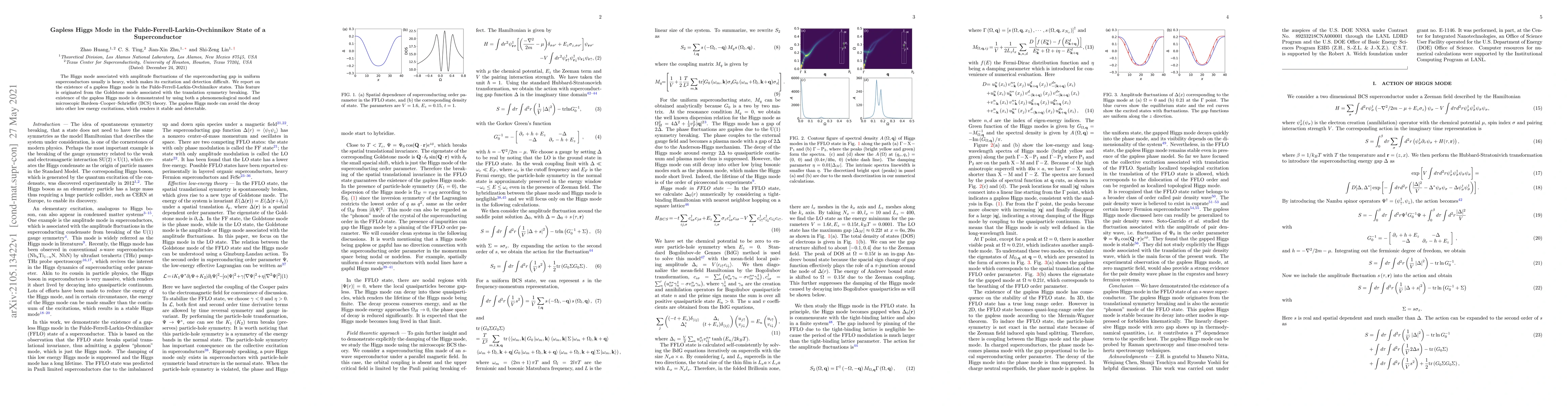 Thumbnail for Gapless Higgs Mode in the Fulde-Ferrell-Larkin-Ovchinnikov State of a
  Superconductor