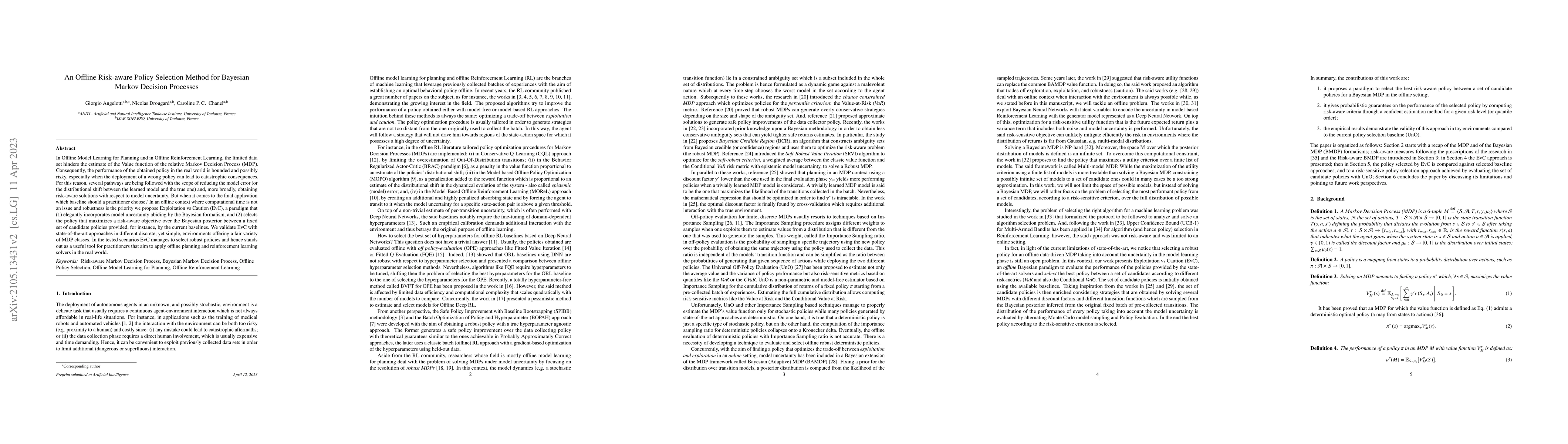 Thumbnail for An Offline Risk-aware Policy Selection Method for Bayesian Markov
  Decision Processes