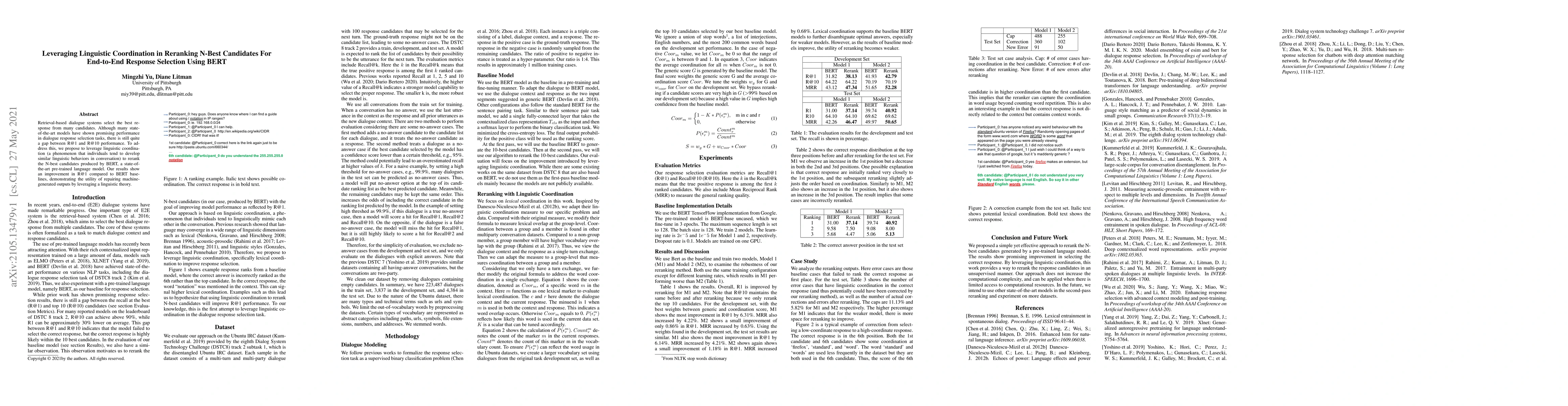 Thumbnail for Leveraging Linguistic Coordination in Reranking N-Best Candidates For
  End-to-End Response Selection Using BERT