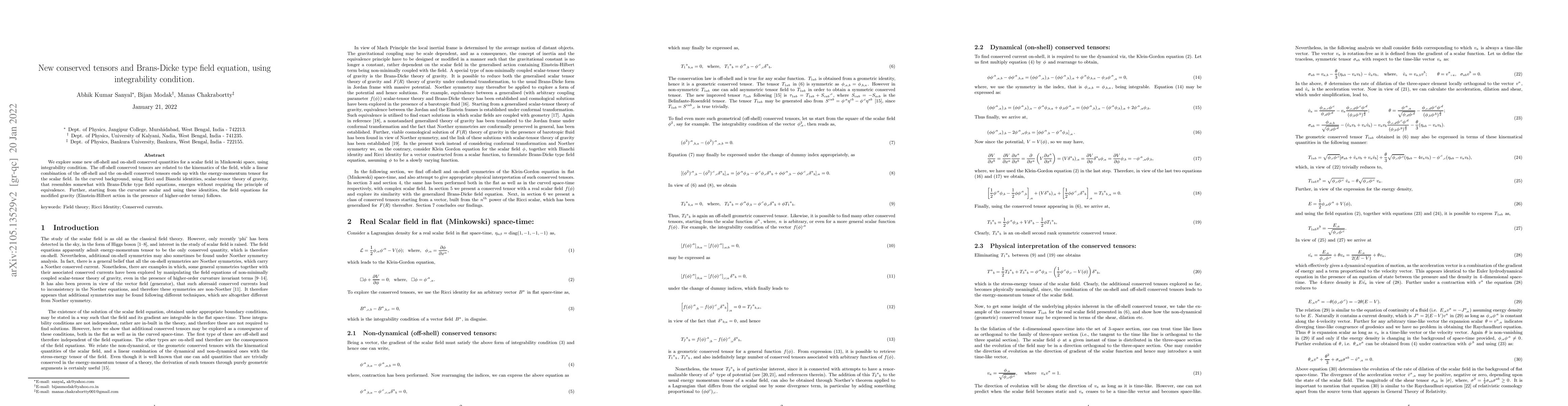 Thumbnail for New conserved tensors and Brans-Dicke type field equation, using
  integrability condition