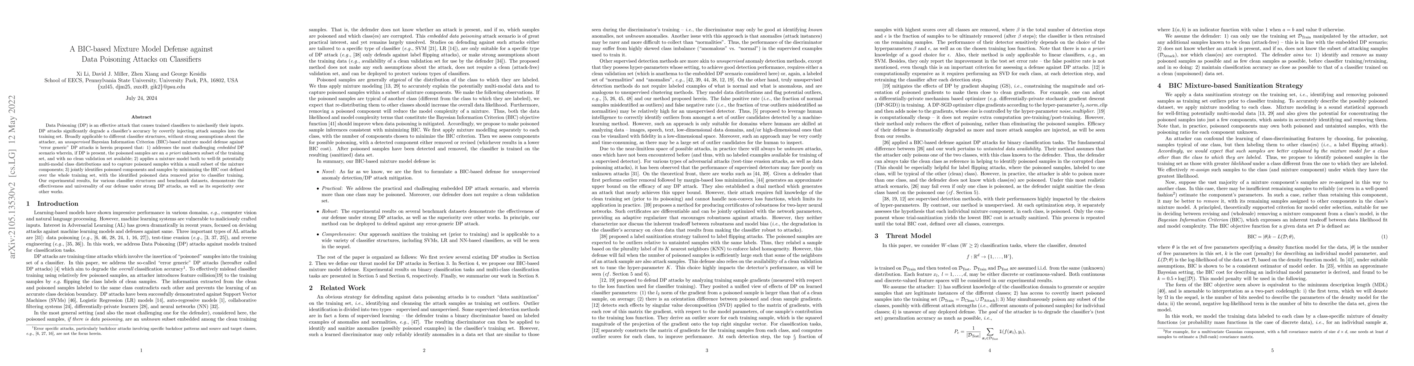 Thumbnail for A BIC-based Mixture Model Defense against Data Poisoning Attacks on
  Classifiers