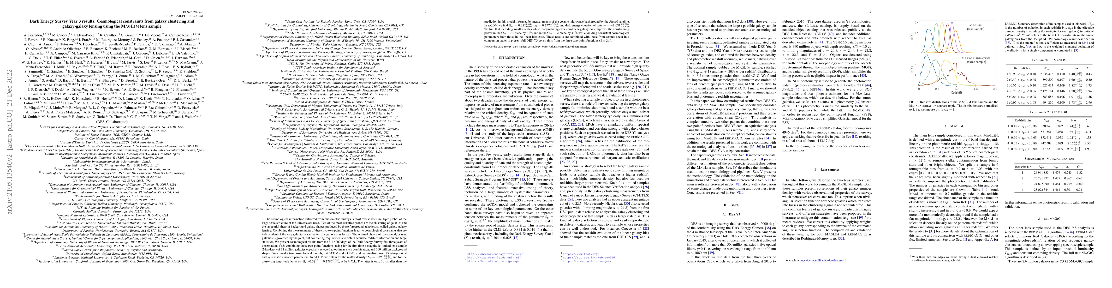Thumbnail for Dark Energy Survey Year 3 results: Cosmological constraints from galaxy
  clustering and galaxy-galaxy lensing using the MagLim lens sample
