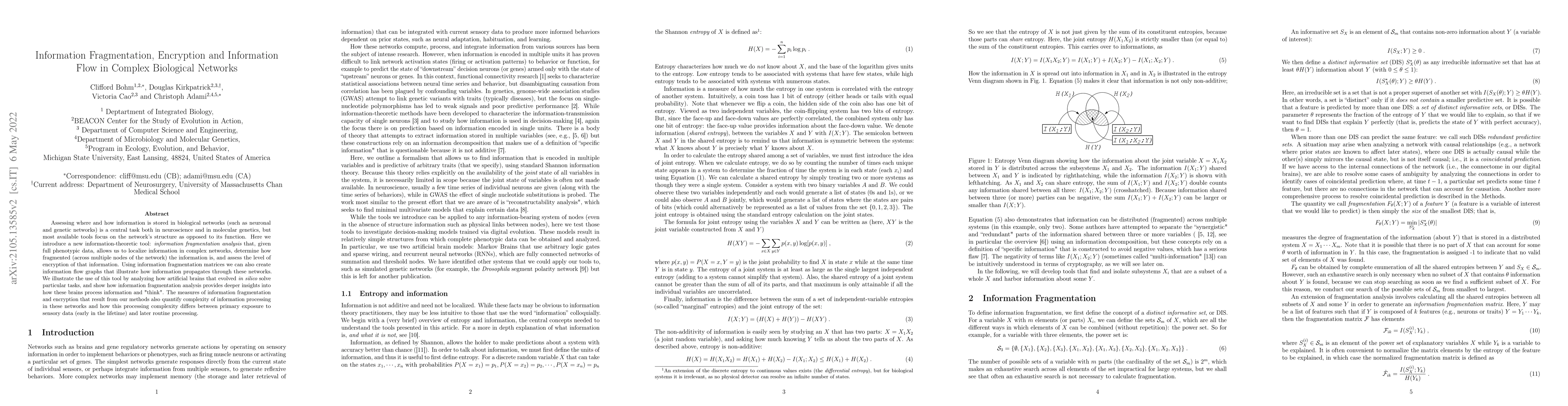 Thumbnail for Information Fragmentation, Encryption and Information Flow in Complex
  Biological Networks