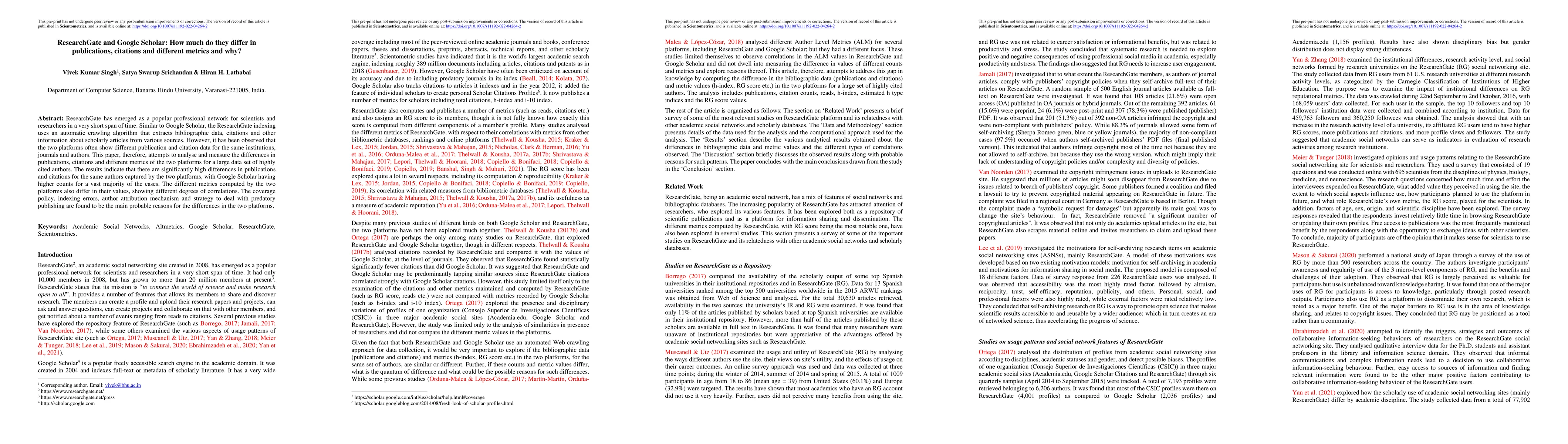 Thumbnail for ResearchGate and Google Scholar: How much do they differ in
  publications, citations and different metrics and why?
