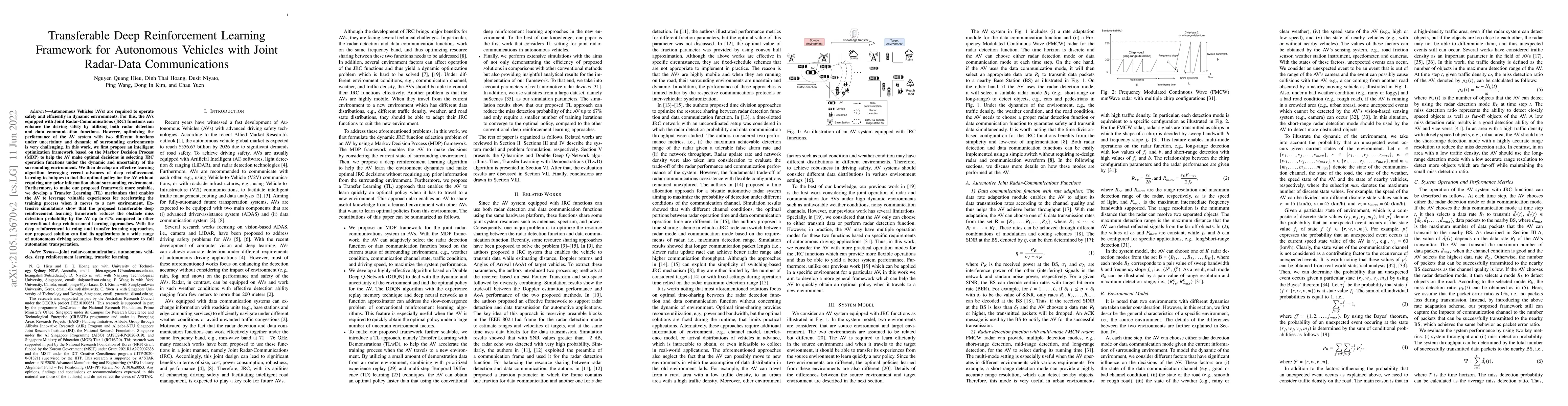 Thumbnail for Transferable Deep Reinforcement Learning Framework for Autonomous
  Vehicles with Joint Radar-Data Communications