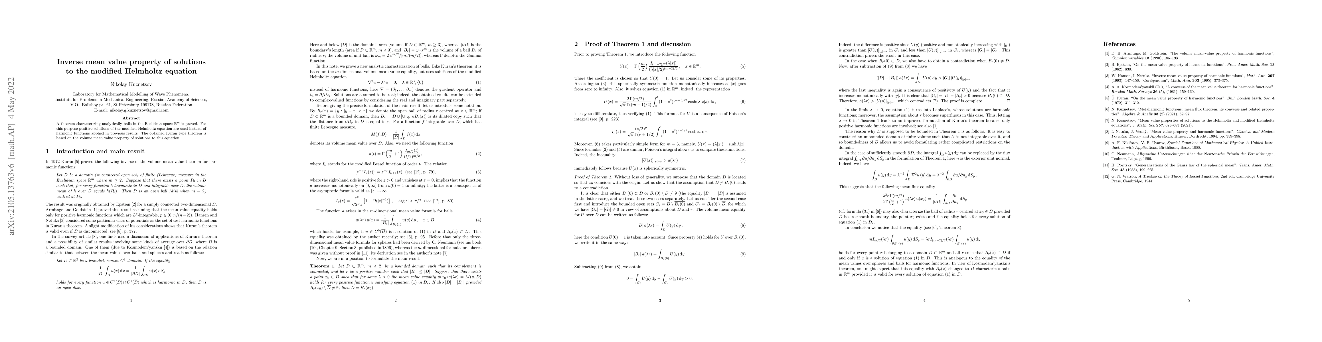 Thumbnail for Inverse mean value property of solutions to the modified Helmholtz
  equation