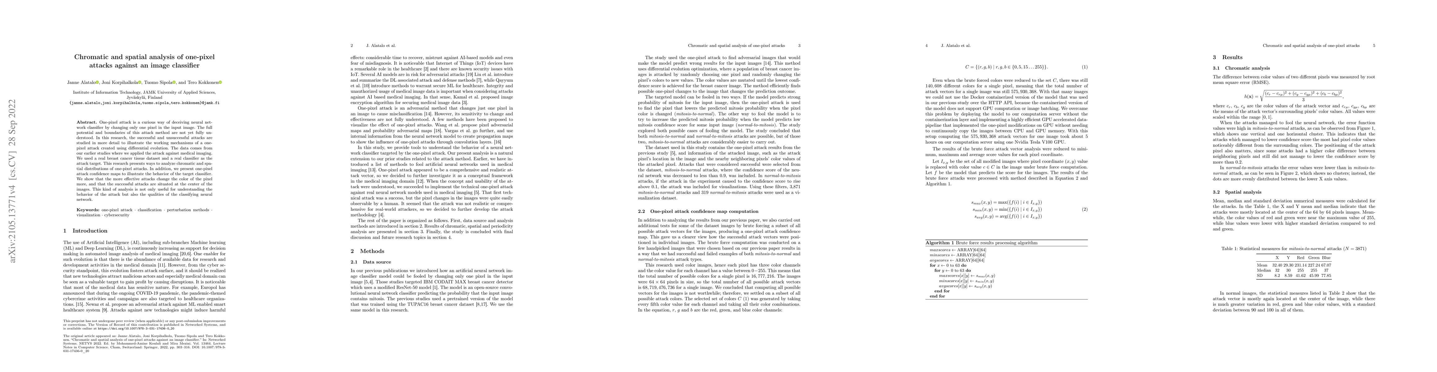 Thumbnail for Chromatic and spatial analysis of one-pixel attacks against an image
  classifier