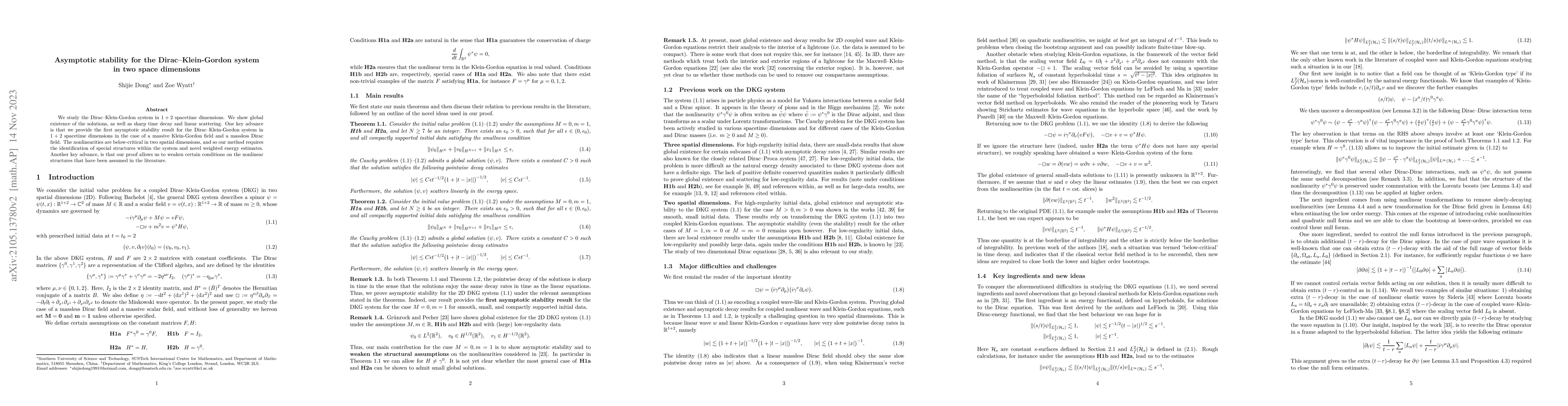 Thumbnail for Asymptotic stability for the Dirac--Klein-Gordon system in two space
  dimensions