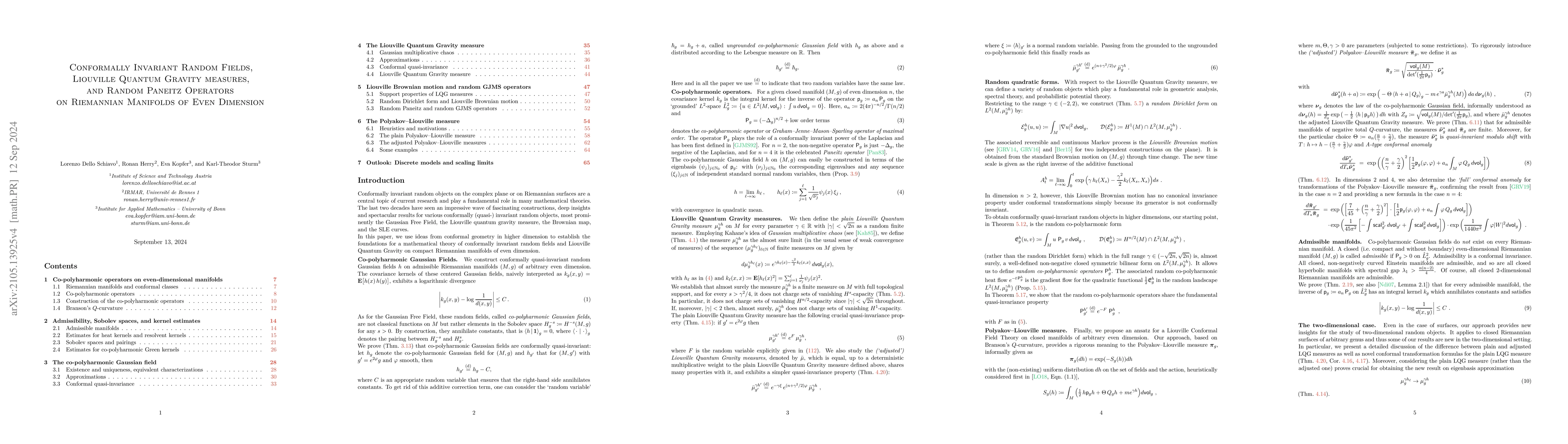 Thumbnail for Conformally invariant random fields, quantum Liouville measures, and
  random Paneitz operators on Riemannian manifolds of even dimension