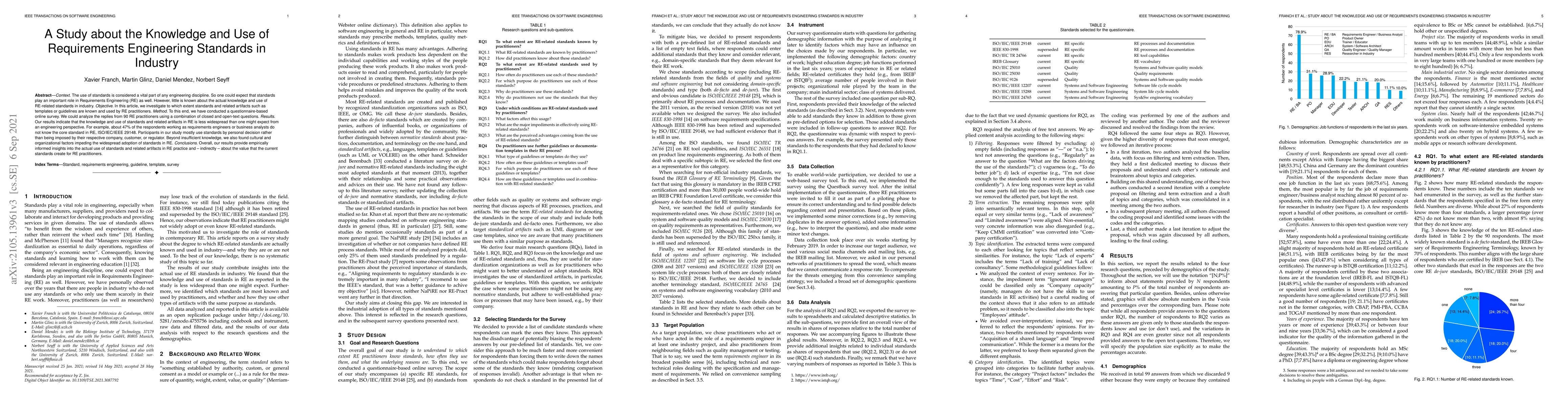 Thumbnail for A Study about the Knowledge and Use of Requirements Engineering
  Standards in Industry