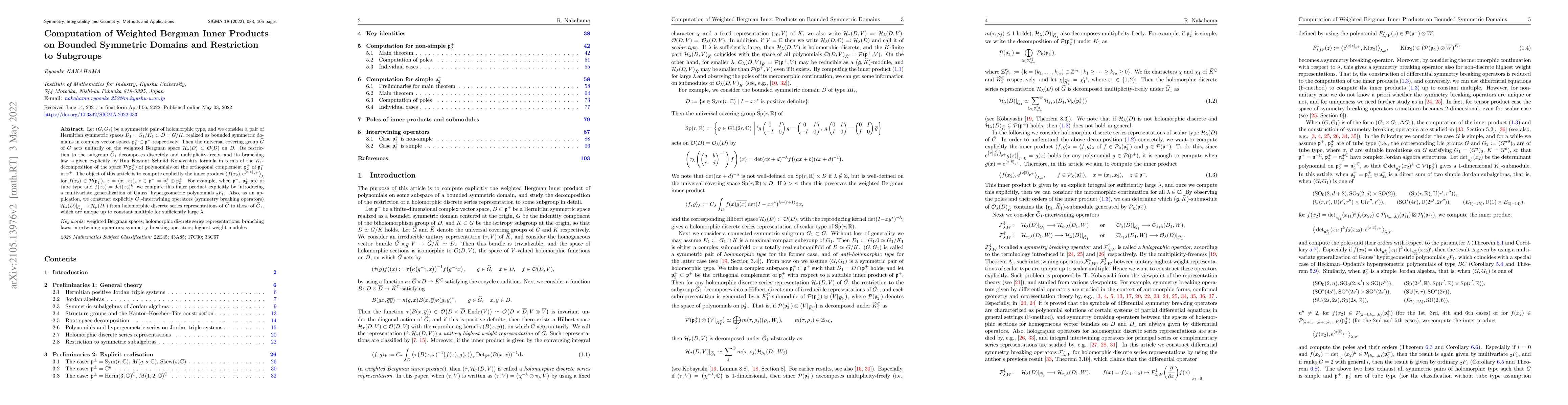 Thumbnail for Computation of Weighted Bergman Inner Products on Bounded Symmetric
  Domains and Restriction to Subgroups