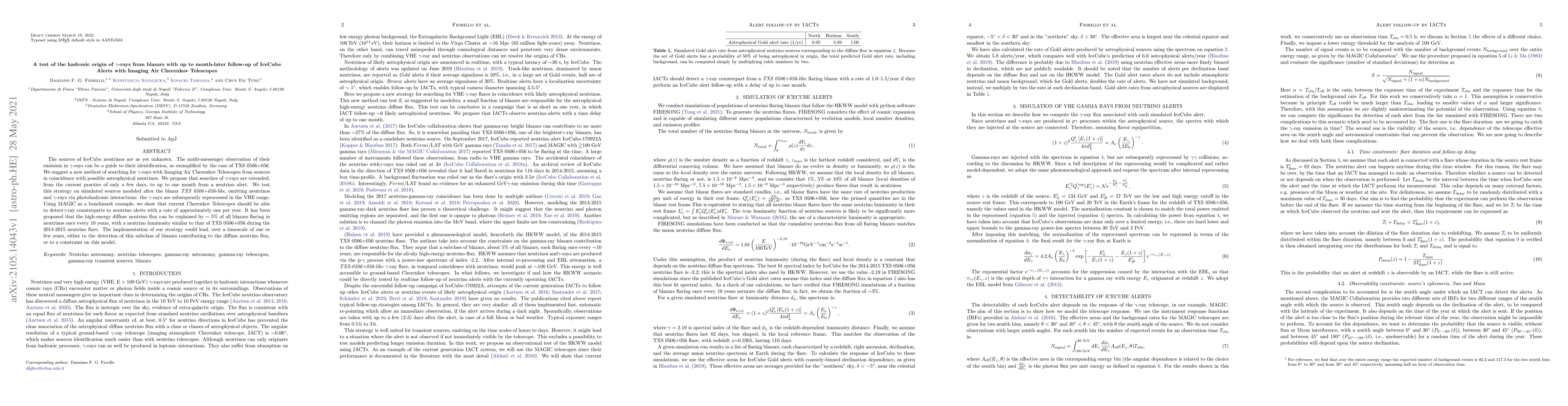 Thumbnail for A test of the hadronic origin of $\gamma$-rays from blazars with up to
  month-later follow-up of IceCube Alerts with Imaging Air Cherenkov Telescopes