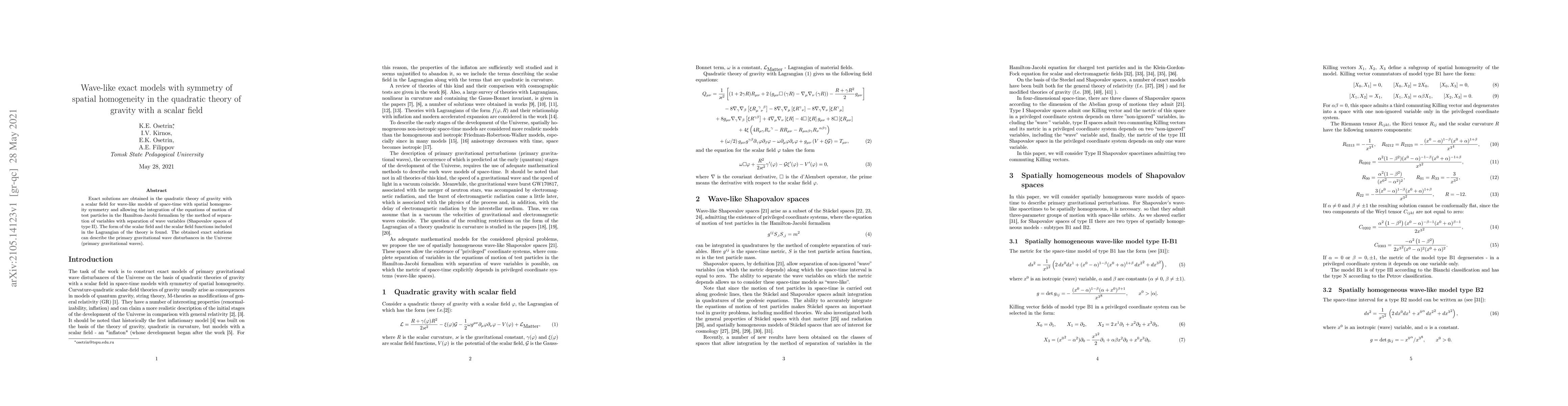 Thumbnail for Wave-like exact models with symmetry of spatial homogeneity in the
  quadratic theory of gravity with a scalar field