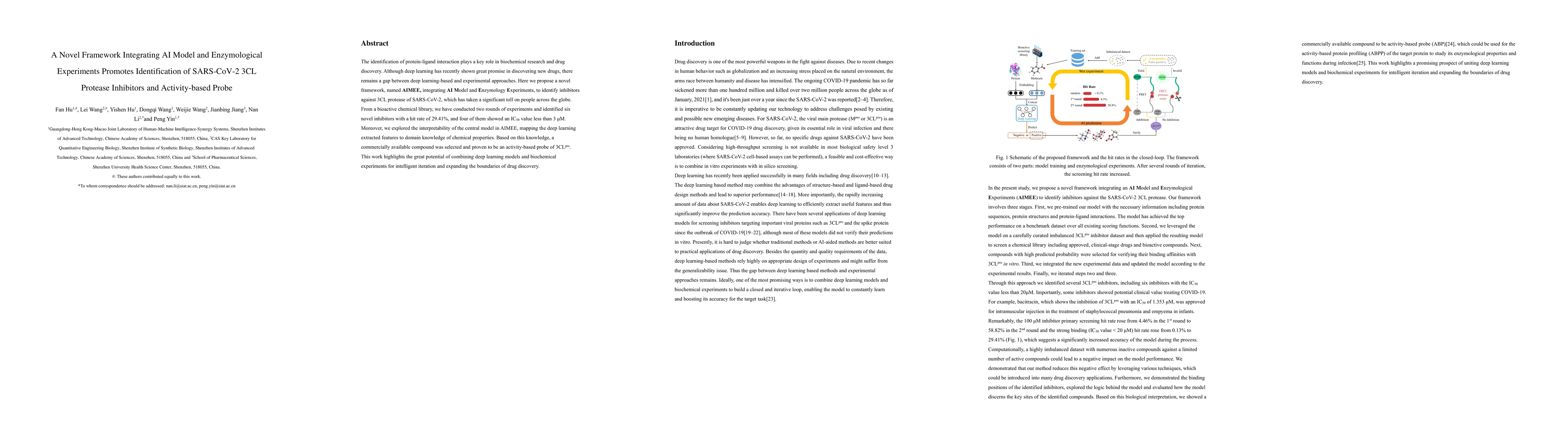 Thumbnail for A Novel Framework Integrating AI Model and Enzymological Experiments
  Promotes Identification of SARS-CoV-2 3CL Protease Inhibitors and
  Activity-based Probe