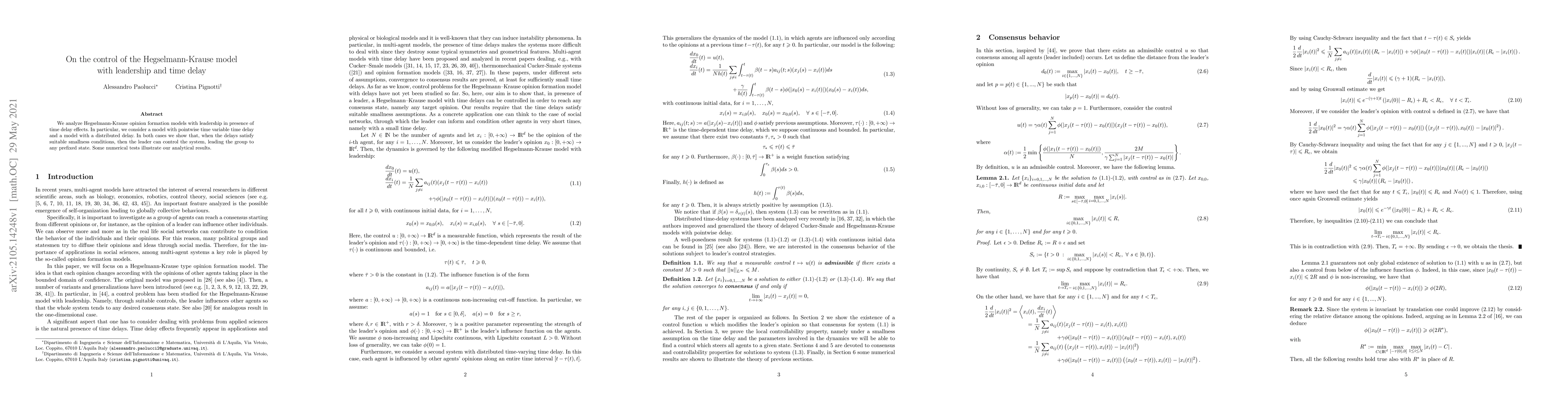 Thumbnail for On the control of the Hegselmann-Krause model with leadership and time
  delay