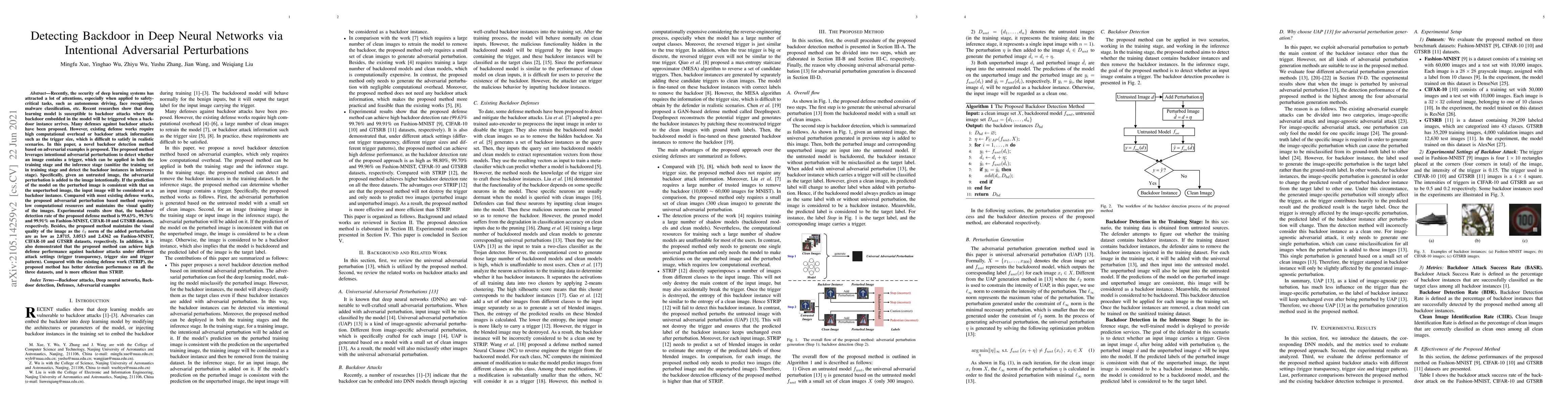 Thumbnail for Detecting Backdoor in Deep Neural Networks via Intentional Adversarial
  Perturbations