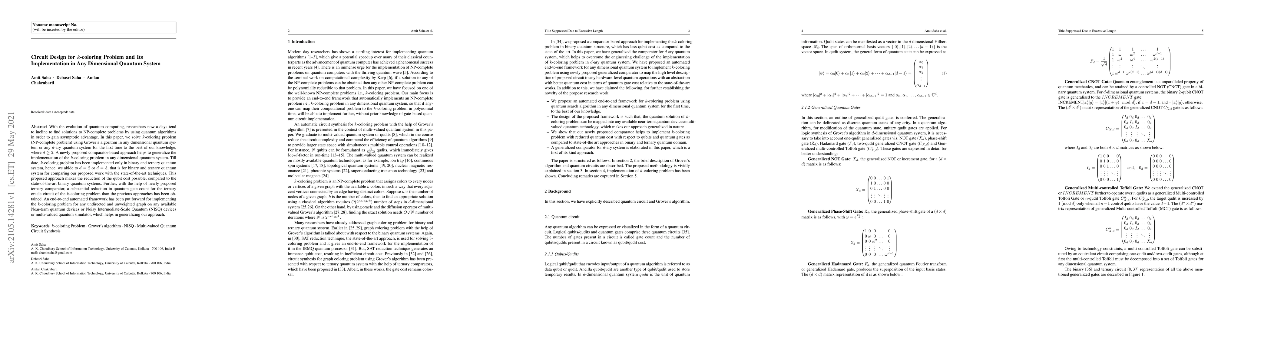 Thumbnail for Circuit Design for $k$-coloring Problem and Its Implementation in Any
  Dimensional Quantum System