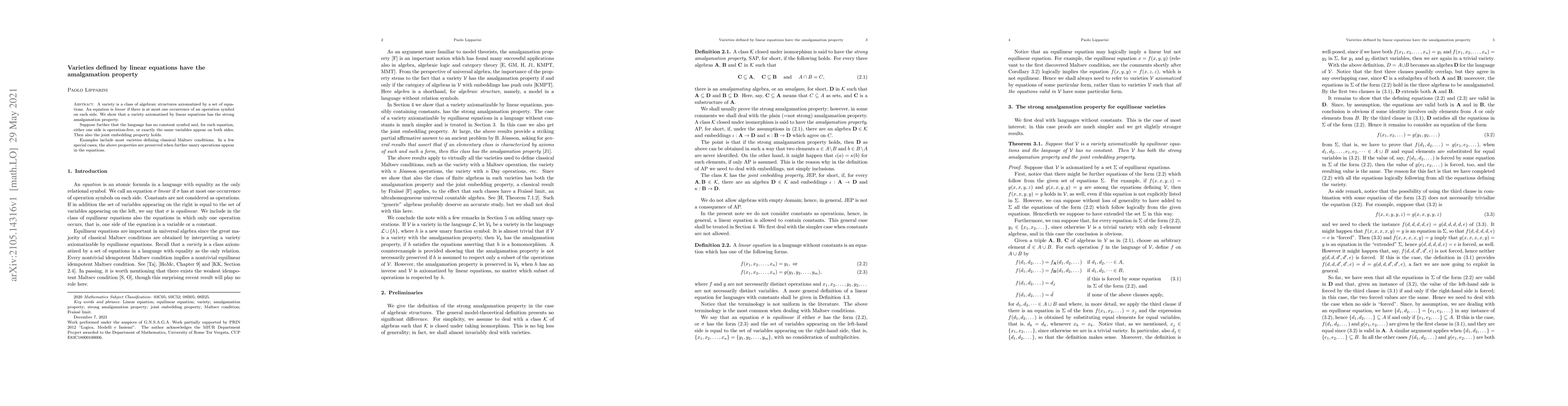 Thumbnail for Varieties defined by linear equations have the amalgamation property