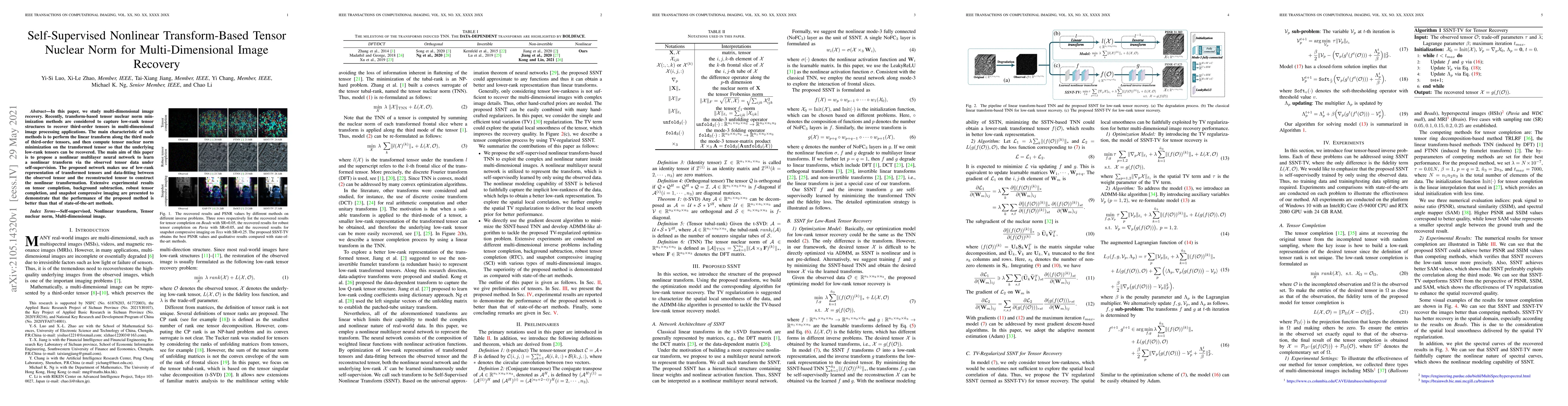 Thumbnail for Self-Supervised Nonlinear Transform-Based Tensor Nuclear Norm for
  Multi-Dimensional Image Recovery