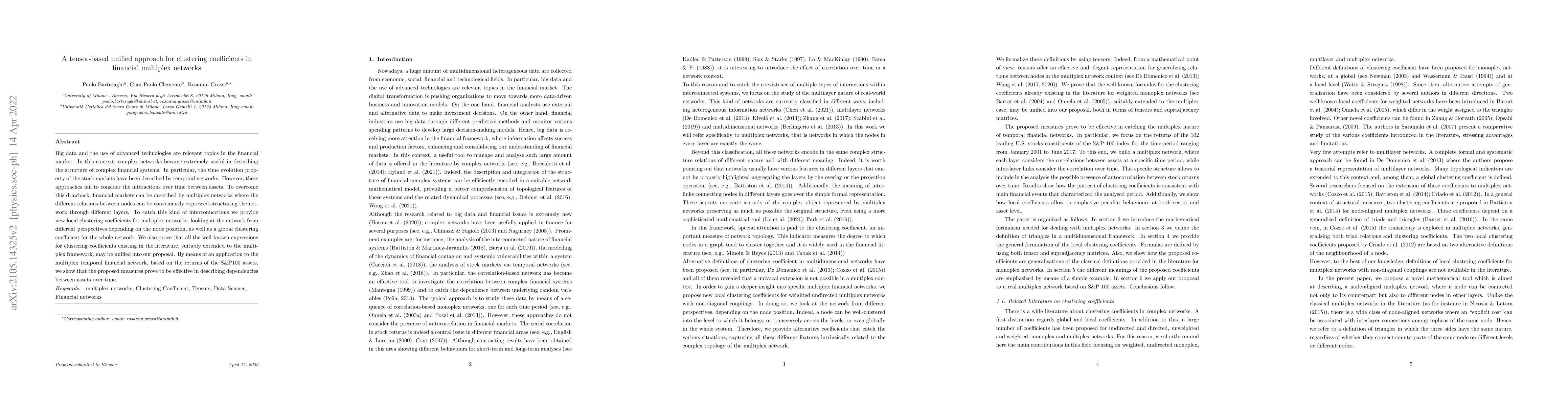 Thumbnail for A tensor-based unified approach for clustering coefficients in financial
  multiplex networks