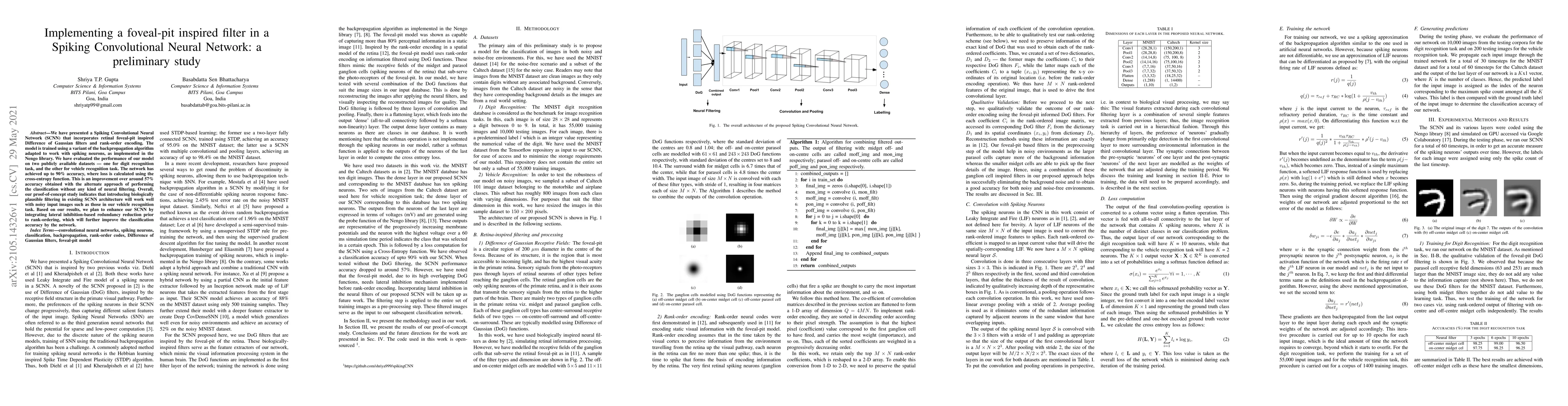 Thumbnail for Implementing a foveal-pit inspired filter in a Spiking Convolutional
  Neural Network: a preliminary study