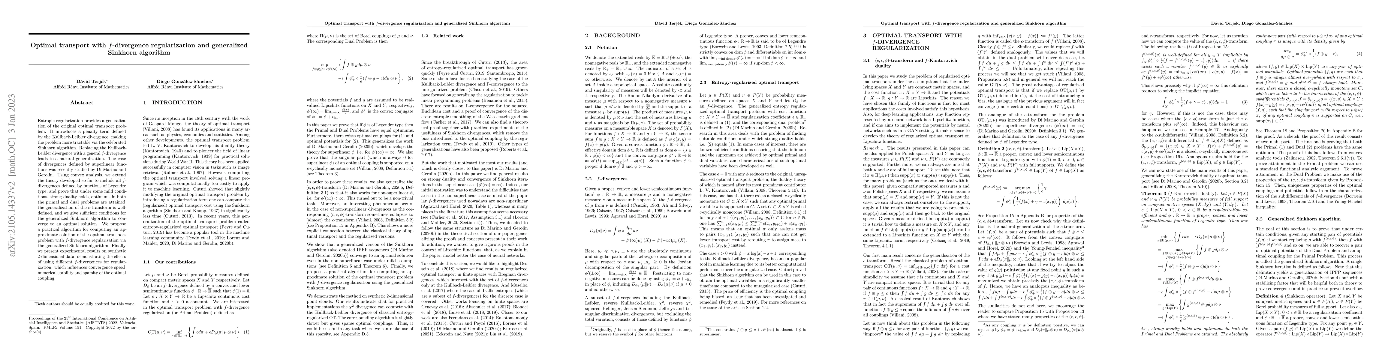 Thumbnail for Optimal transport with $f$-divergence regularization and generalized
  Sinkhorn algorithm