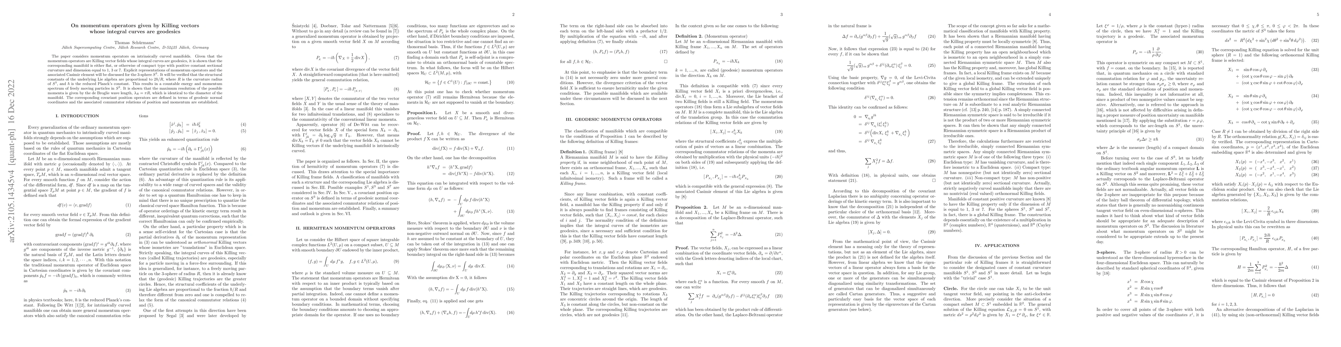 Thumbnail for On momentum operators given by Killing vectors whose integral curves are
  geodesics