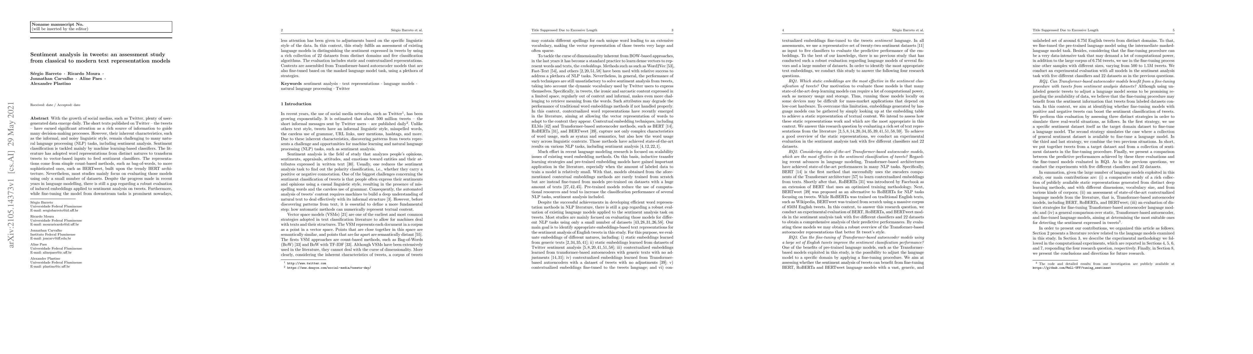 Thumbnail for Sentiment analysis in tweets: an assessment study from classical to
  modern text representation models