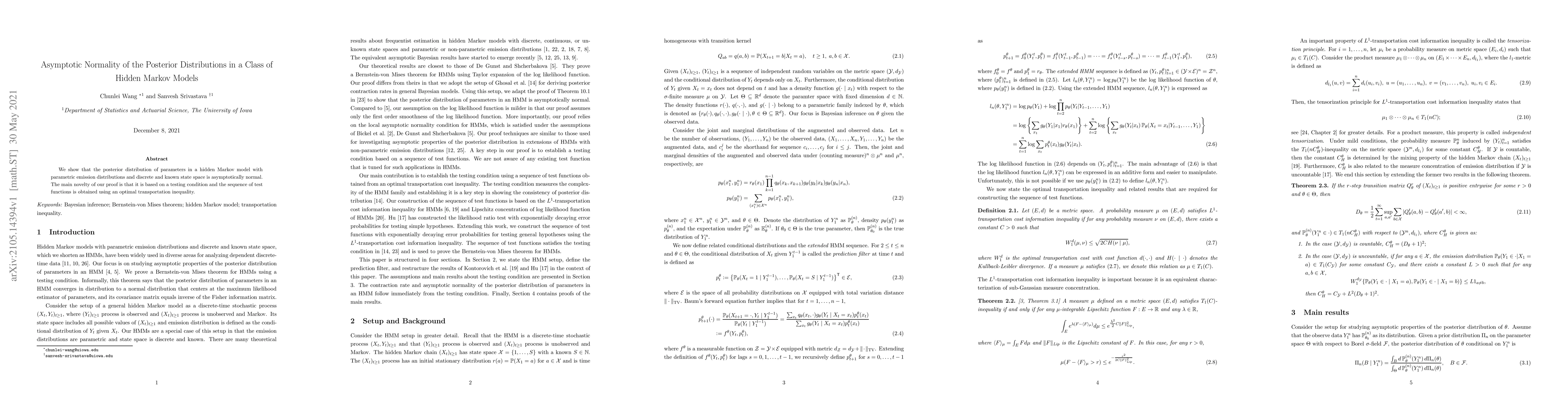 Thumbnail for Asymptotic Normality of the Posterior Distributions in a Class of Hidden
  Markov Models