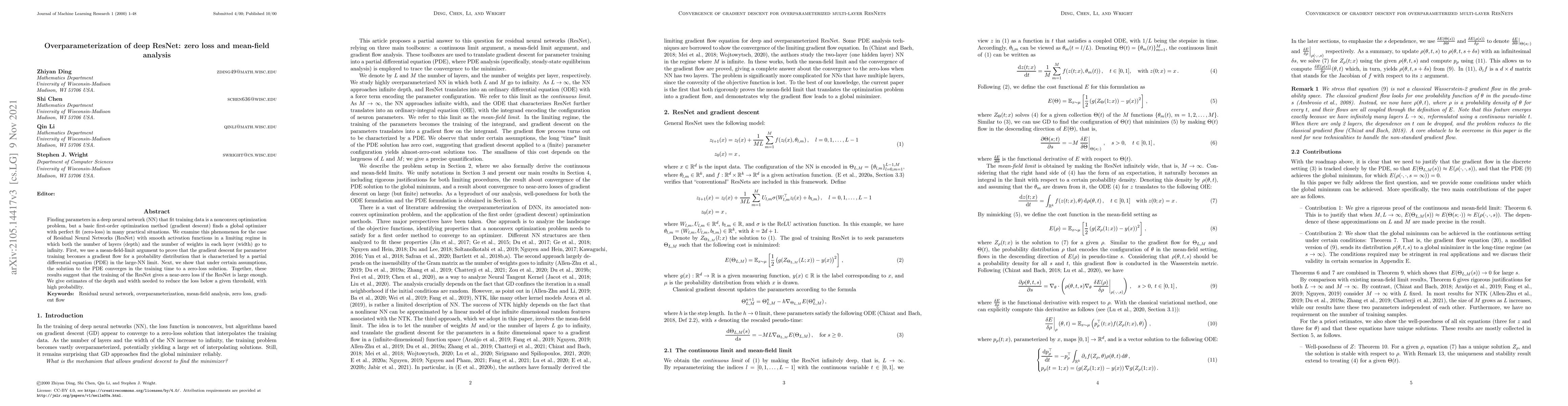 Thumbnail for Overparameterization of deep ResNet: zero loss and mean-field analysis