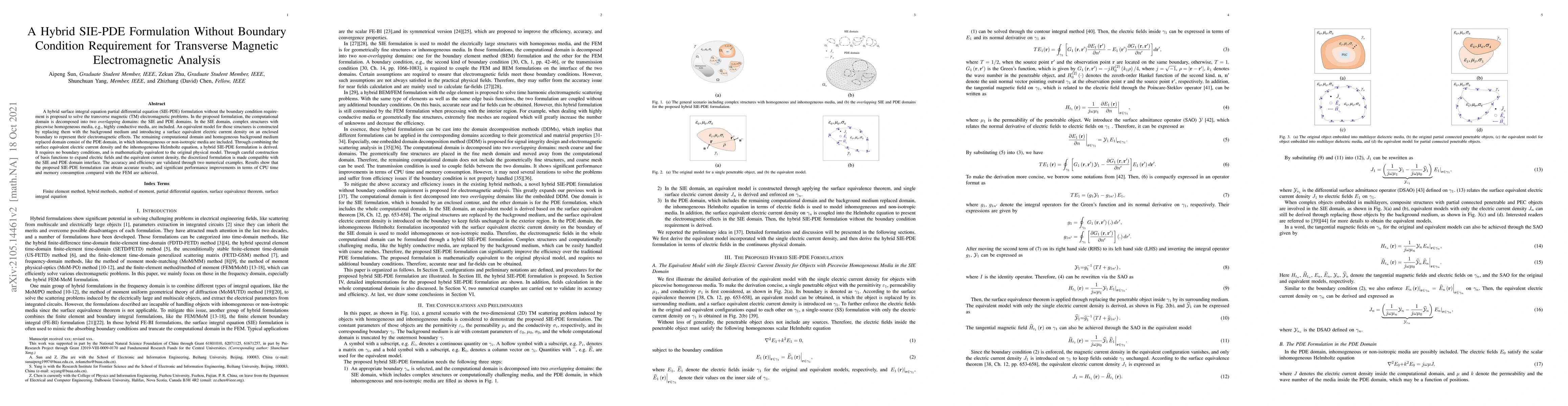 Thumbnail for A Hybrid SIE-PDE Formulation Without Boundary Condition Requirement for
  Transverse Magnetic Electromagnetic Analysis