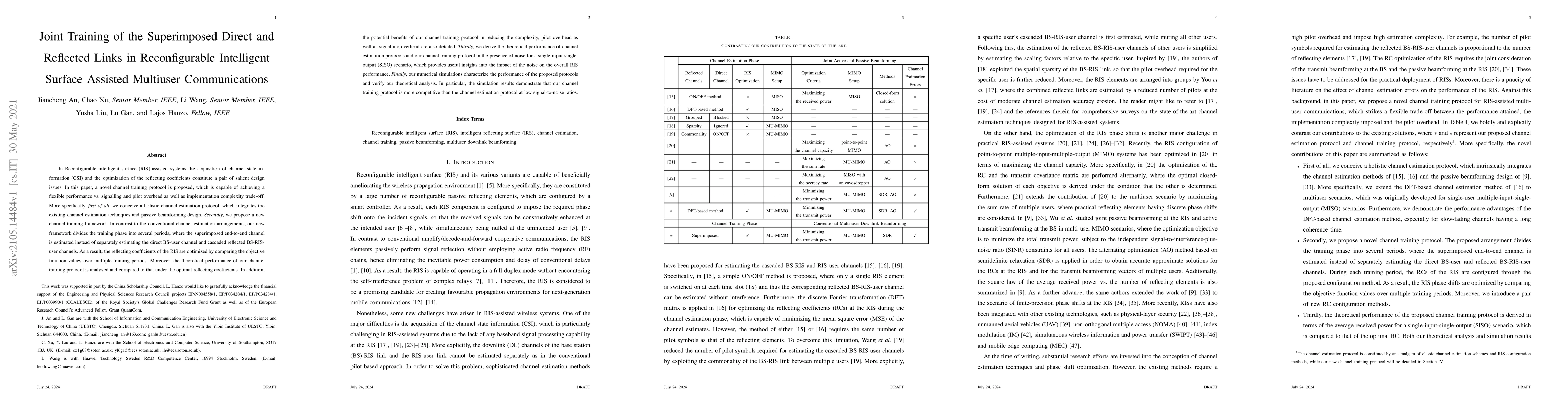 Thumbnail for Joint Training of the Superimposed Direct and Reflected Links in
  Reconfigurable Intelligent Surface Assisted Multiuser Communications