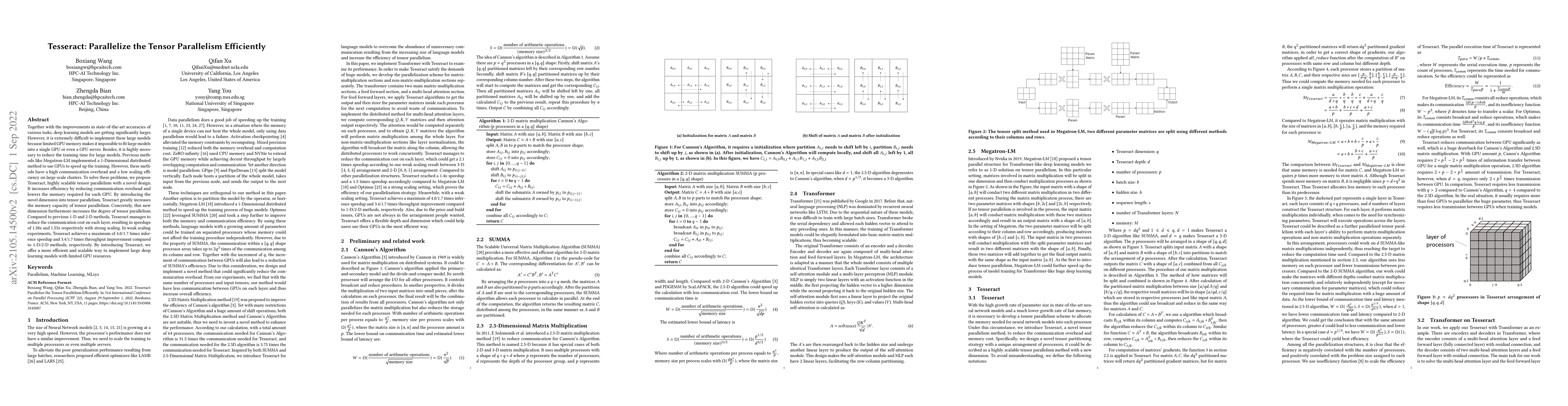 Thumbnail for Tesseract: Parallelize the Tensor Parallelism Efficiently