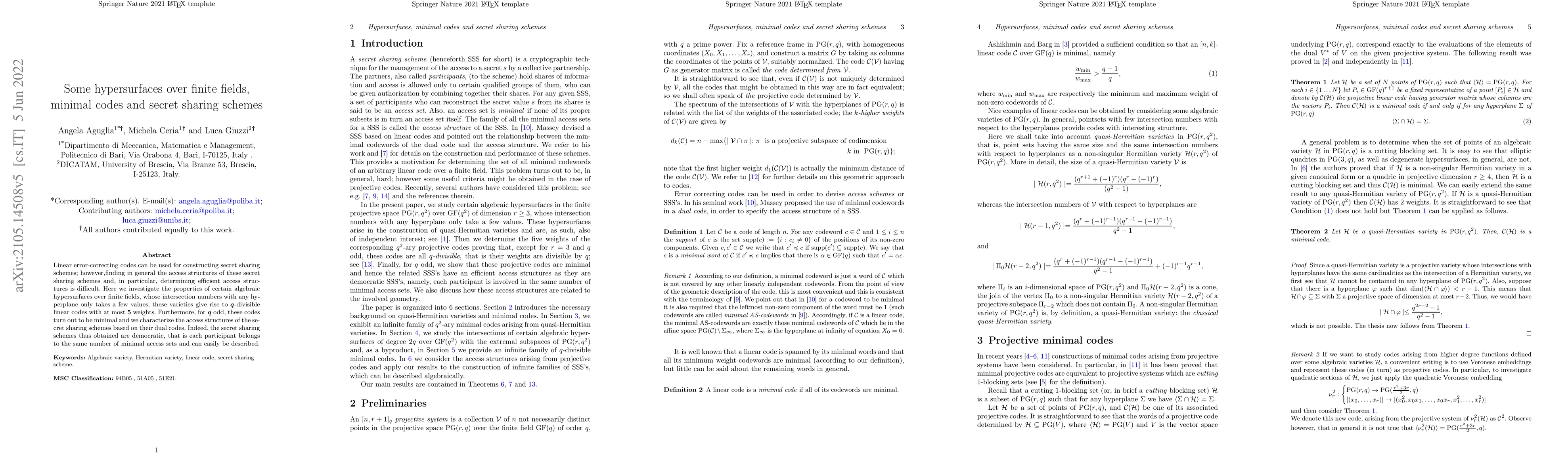 Thumbnail for Some hypersurfaces over finite fields, minimal codes and secret sharing
  schemes