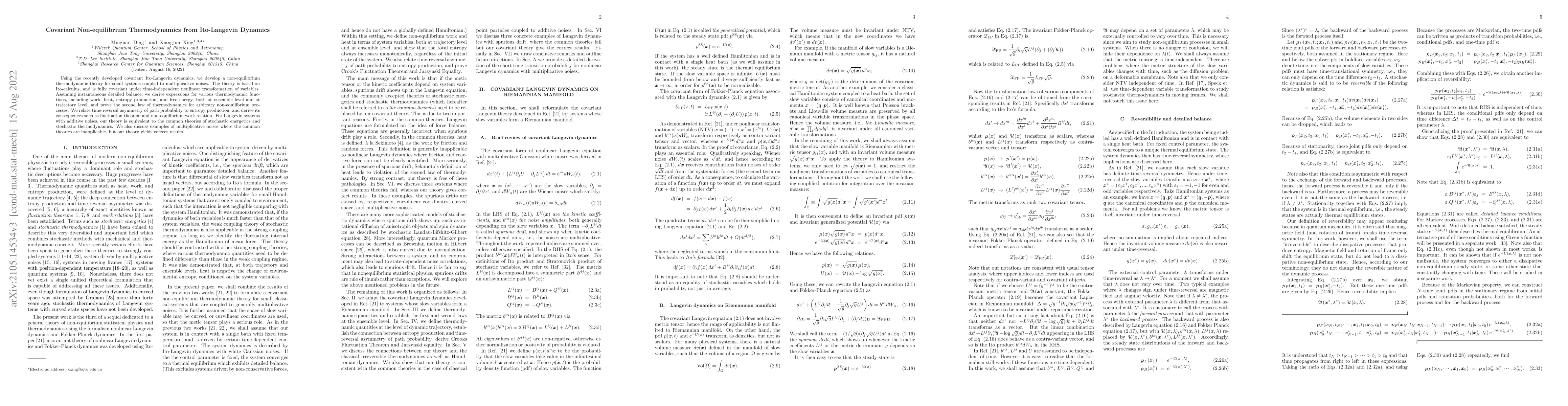 Thumbnail for Covariant Non-equilibrium Thermodynamics from Ito-Langevin Dynamics