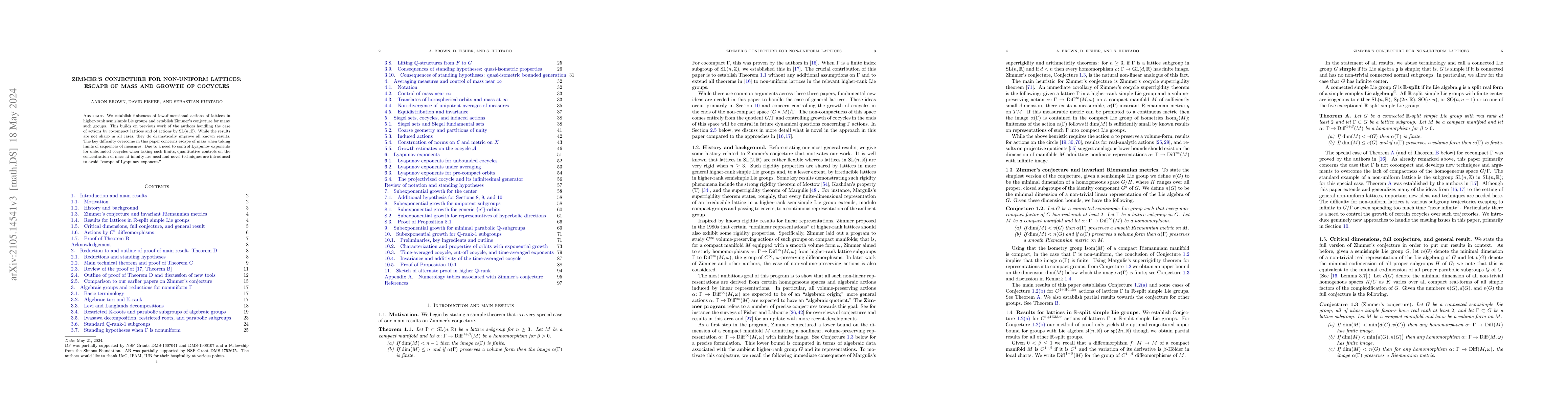 Thumbnail for Zimmer's conjecture for non-uniform lattices: escape of mass and growth
  of cocycles