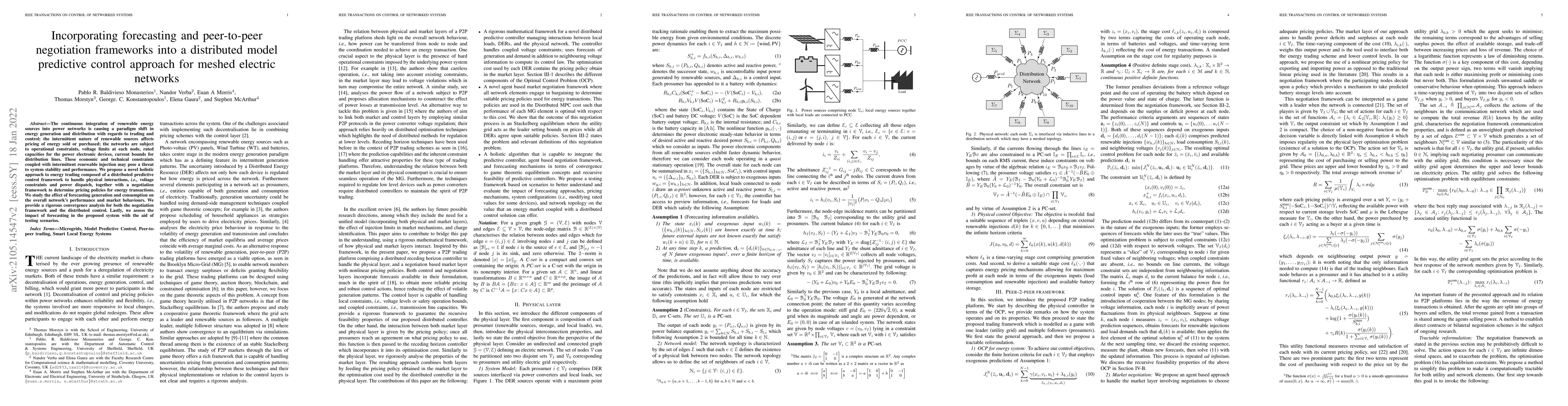 Thumbnail for Incorporating forecasting and peer-to-peer negotiation frameworks into a
  distributed model predictive control approach for meshed electric networks