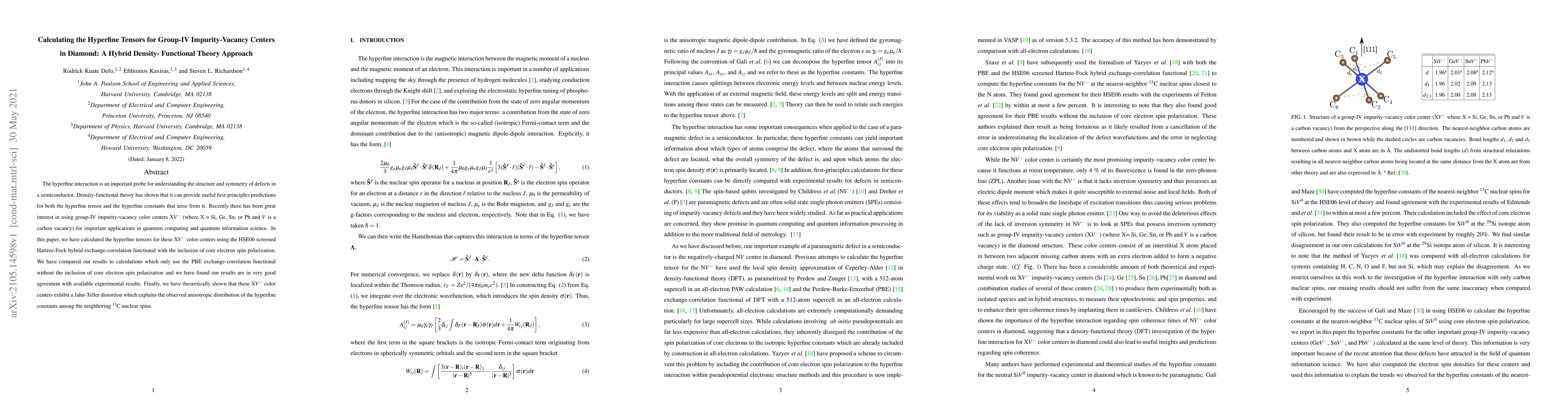 Thumbnail for Calculating the Hyperfine Tensors for Group-IV Impurity-Vacancy Centers
  in Diamond: A Hybrid Density-Functional Theory Approach