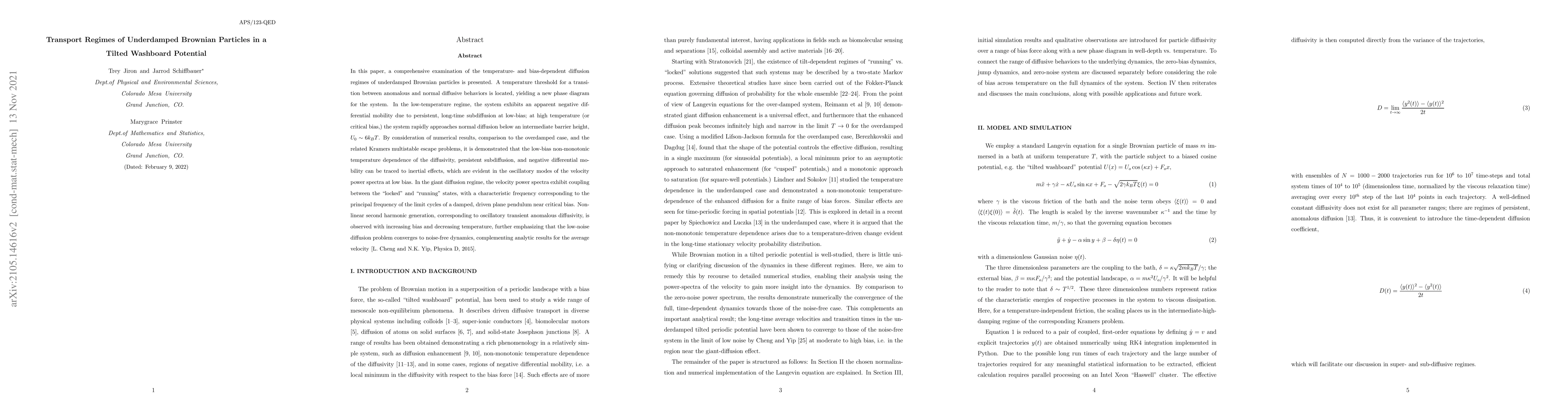 Thumbnail for Transport Regimes of Underdamped Brownian Particles in a Tilted
  Washboard Potential