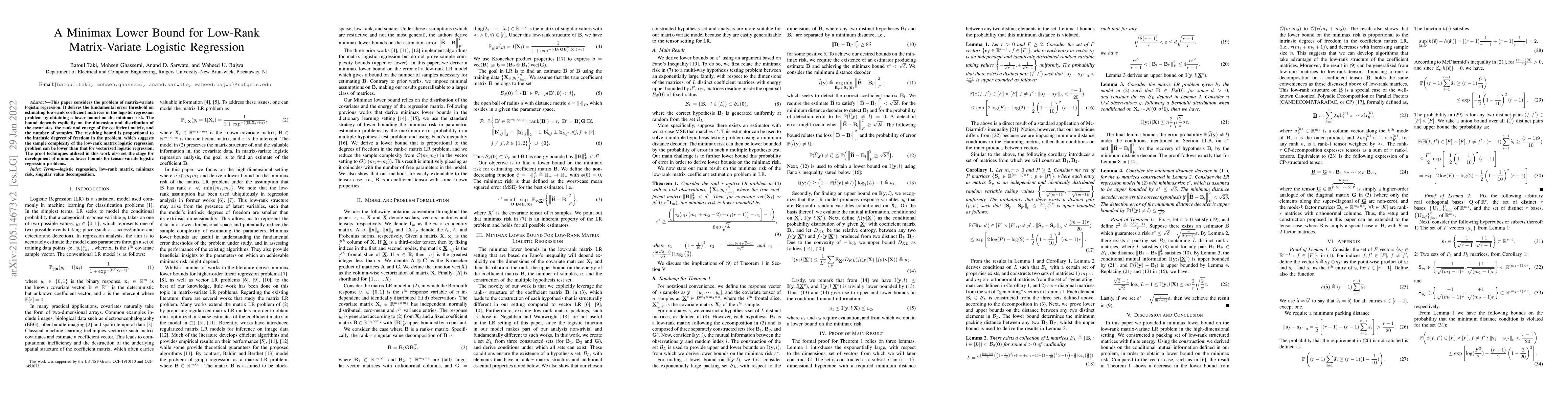 Thumbnail for A Minimax Lower Bound for Low-Rank Matrix-Variate Logistic Regression