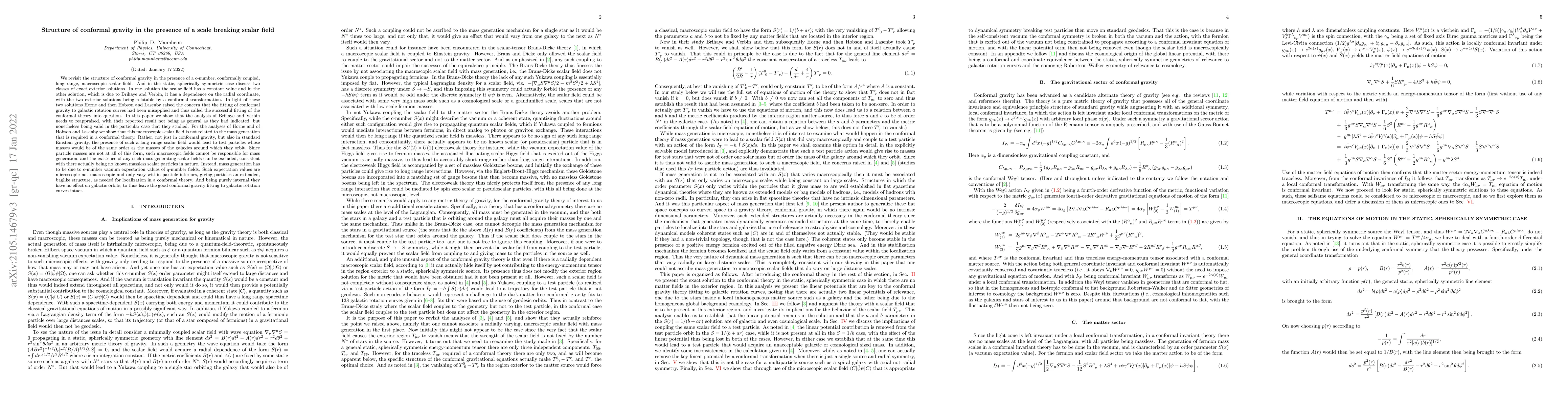 Thumbnail for Structure of conformal gravity in the presence of a scale breaking
  scalar field