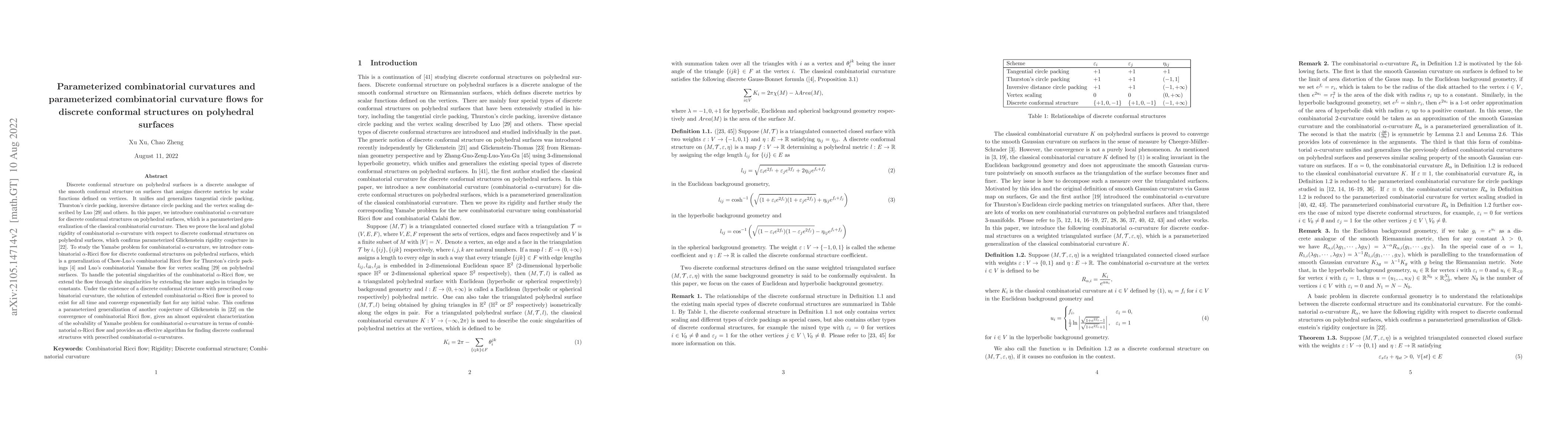Thumbnail for Parameterized combinatorial curvatures and parameterized combinatorial
  curvature flows for discrete conformal structures on polyhedral surfaces