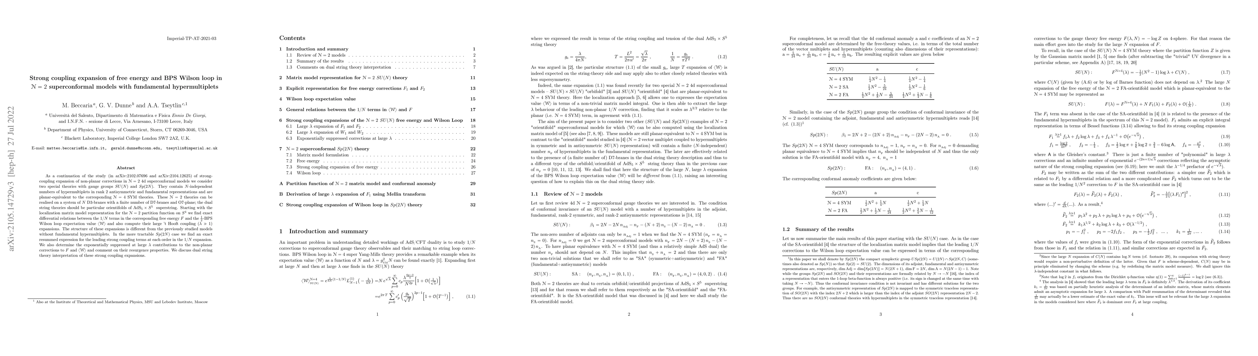 Thumbnail for Strong coupling expansion of free energy and BPS Wilson loop in
  $\mathcal N=2$ superconformal models with fundamental hypermultiplets