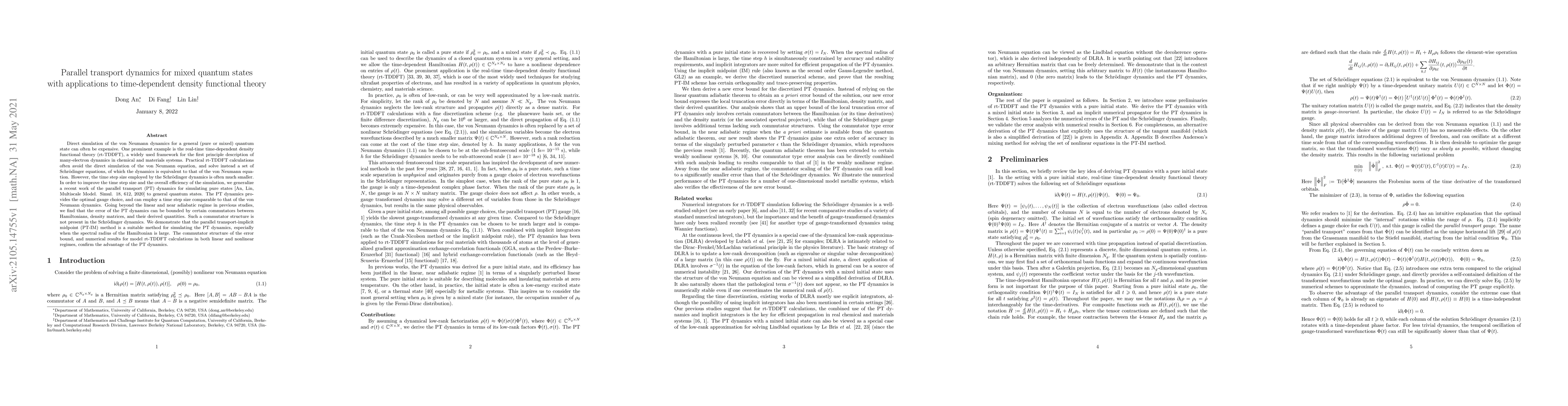 Thumbnail for Parallel transport dynamics for mixed quantum states with applications
  to time-dependent density functional theory