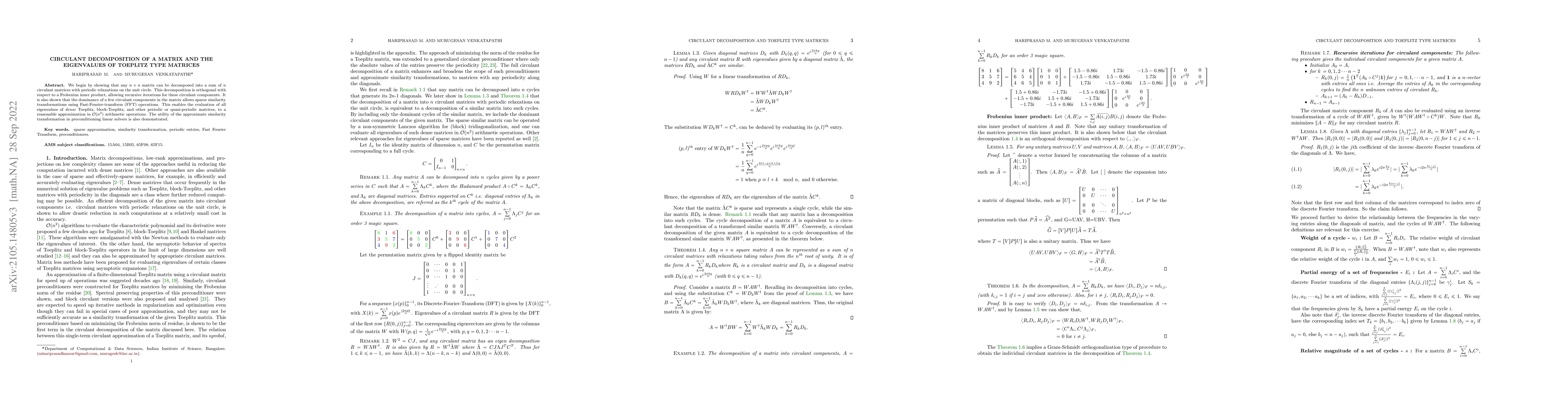 Thumbnail for Circulant decomposition of a matrix and the eigenvalues of Toeplitz type
  matrices
