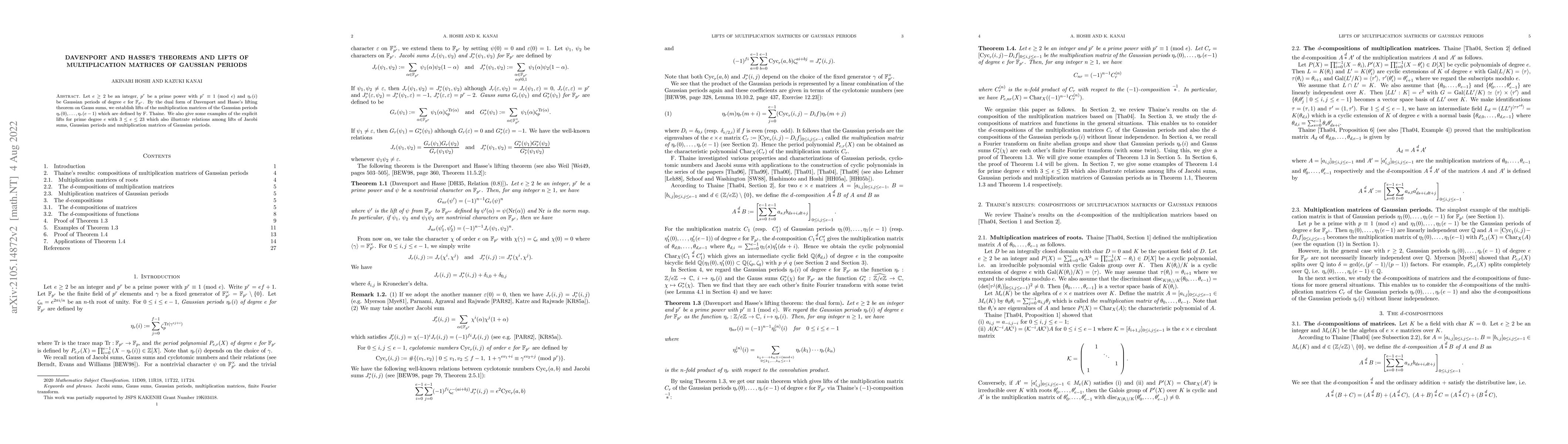 Thumbnail for Davenport and Hasse's theorems and lifts of multiplication matrices of
  Gaussian periods