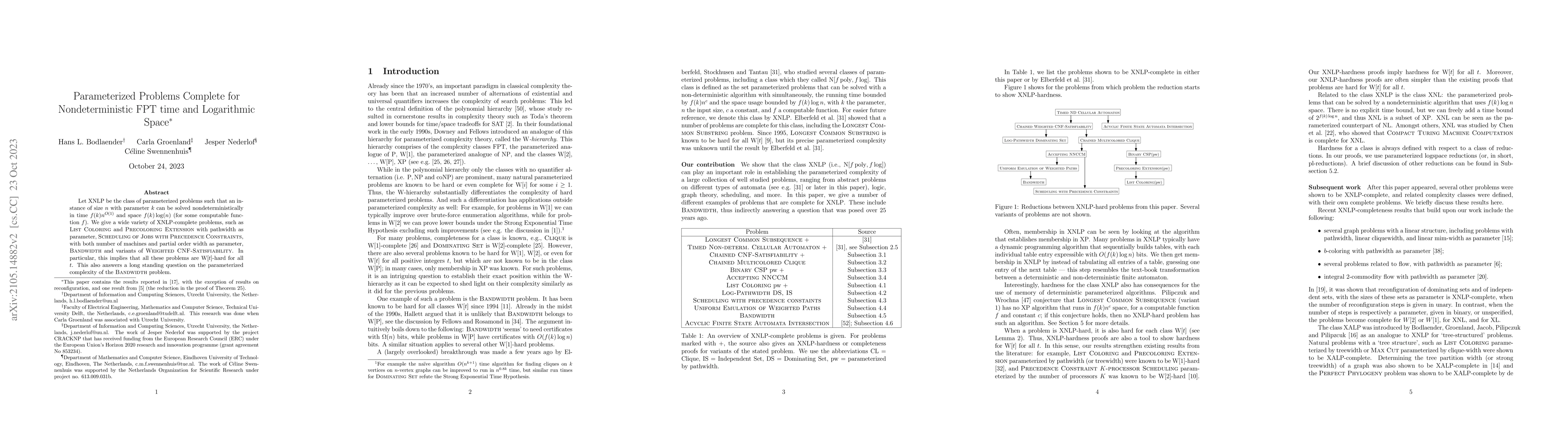 Thumbnail for Parameterized Problems Complete for Nondeterministic FPT time and
  Logarithmic Space